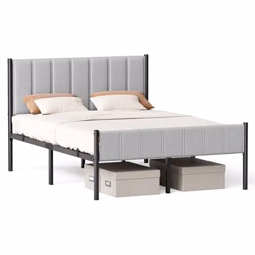 VASAGLE Bedframe van metaal met gestoffeerd hoofdbord, 140 x 200 cm