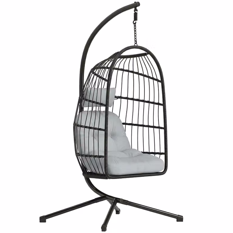 Outsunny Hangstoel met Standaard, Opvouwbare Polyrattan Mand met Kussen, Veiligheidsgordel en Hoofdkussen, Verstelbare Hoogte