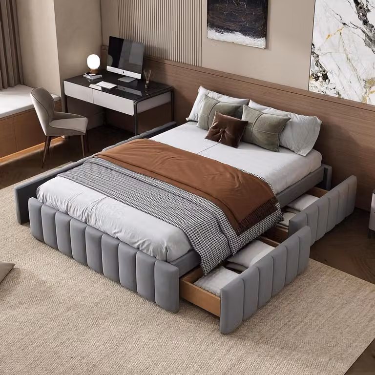 Grijs Futonbed met laden voor volwassenen, massief hout, B/D/H: 140 x 200 cm