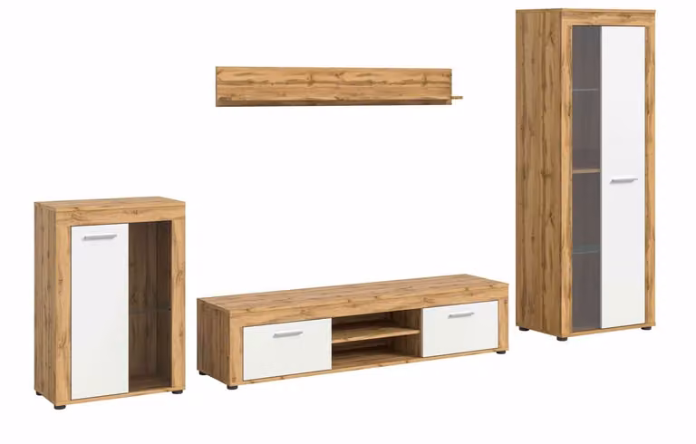 Furnilux Jam woonkamercombinatie wit melamine en Wotan eiken, B: 310 cm, D: 35 cm, H: 169 cm