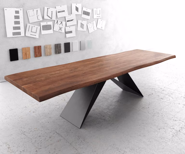 DELIFE Eetkamertafel Edge XL Acacia Bruin met V-frame en zwart stalen onderstel, Breedte: 300 cm, Diepte: 100 cm, Hoogte: 75,5 cm