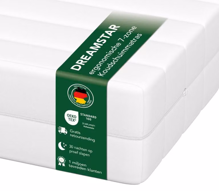 DREAMSTAR Easy Flex Ergonomisch Koudschuimmatras met 7 Zones, Hardheid H3 & H4, Breedte: 90 cm, Lengte: 190 cm, Hoogte: 13 cm
