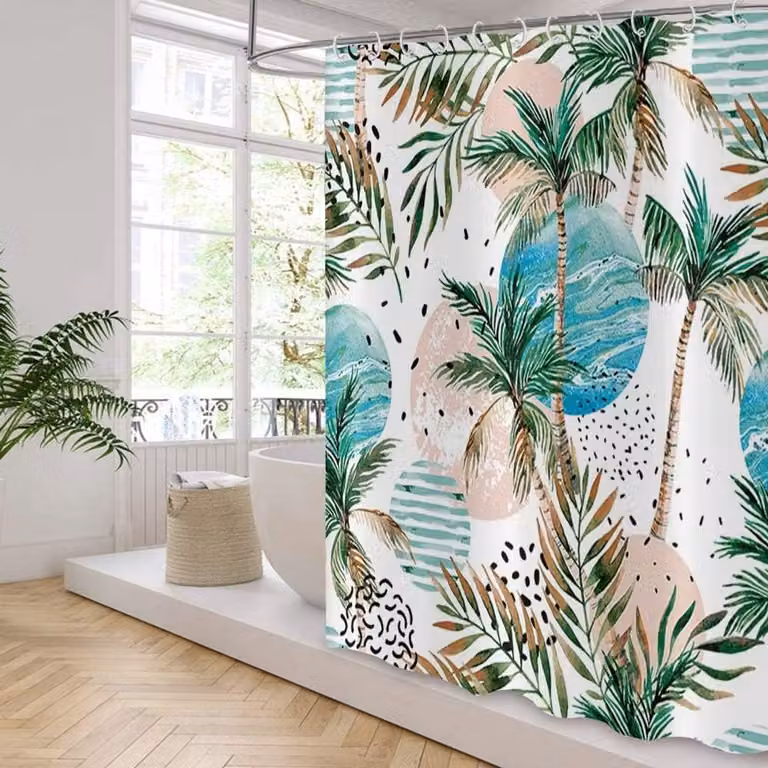 ShopVlot Tropical Douchegordijn met Abstract Boho Palmbladeren en Kokospalmen