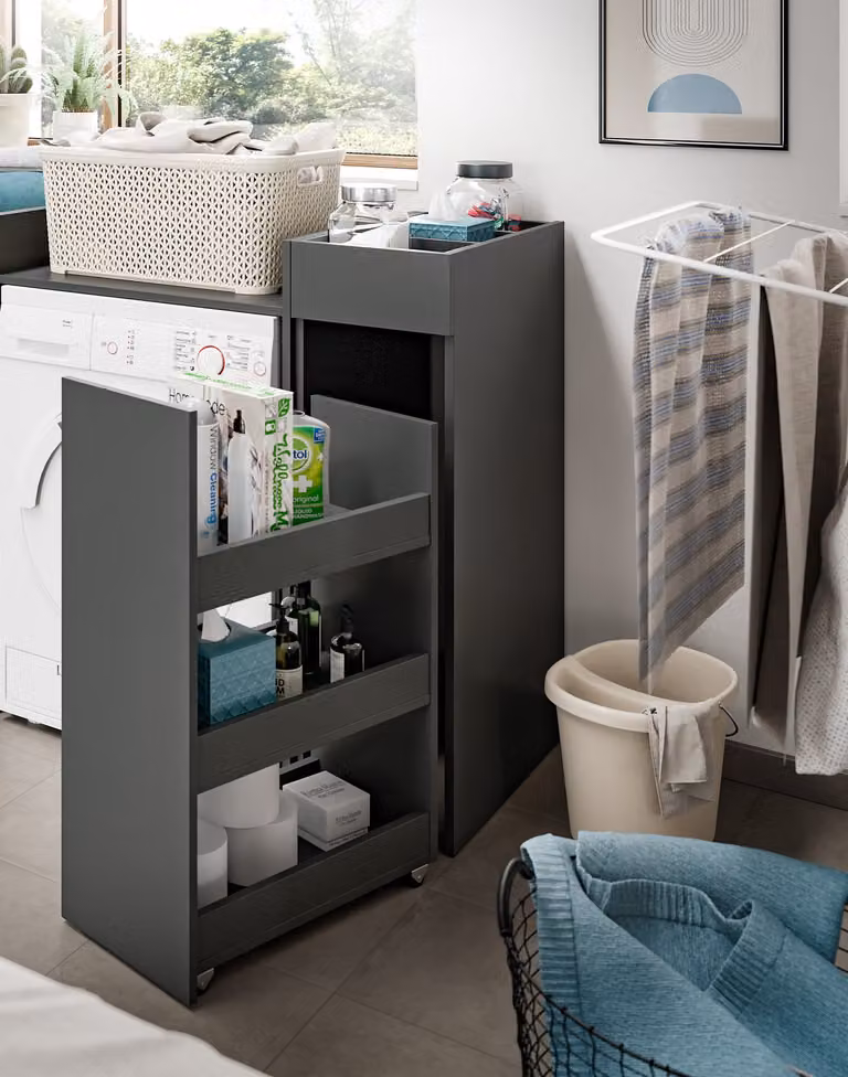 home24 Wasmachinekast Free met 2 deuren, grijs/antracietkleurig, Hoogte: 190 cm