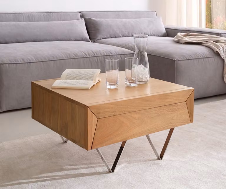 DELIFE Salontafel Kayu van Acaciahout en Metaal, Bruin, B/D/H: 60 x 60 x 40 cm