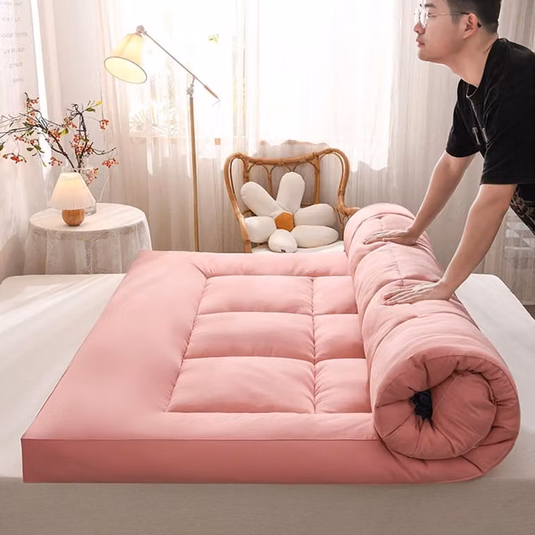 Dikke Futonmatras Slaapkussen Topper van Ademend Katoen - Roze - 150 x 200 cm