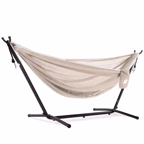 Vivere Mesh Hangmat met standaard - Zandkleurig/Lichtblauw - 280 cm