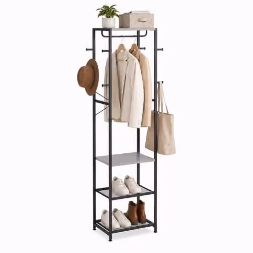 Relaxdays Kapstok met 4 planken en 8 haken, zwart-grijs, H 181 x B 40 x D 28 cm