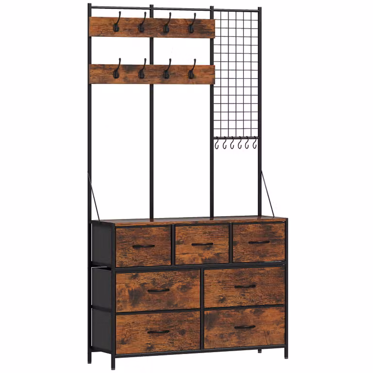 HOMCOM Kapstok kledingstandaard met stoffen lade en 14 haken, Rustiek-Bruin, Hoogte: 183 cm