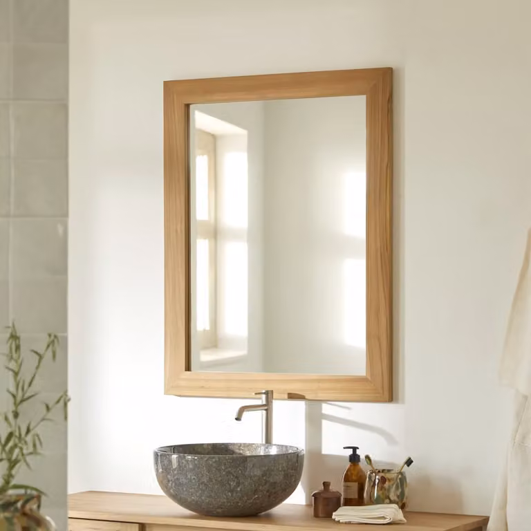 Tikamoon Moderne Rechthoekige Wandspiegel in Bruin Hout, Breedte: 90 cm, Hoogte: 70 cm