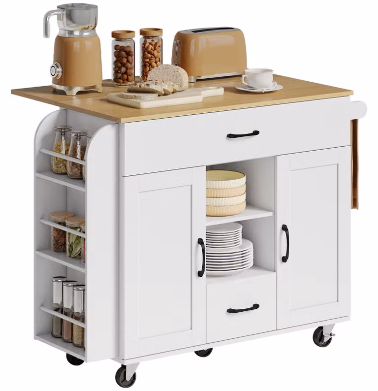 HOMCOM Keukeneiland mobiele kar met wielen, 2 lades en 2 deuren met soft-close sluiting, B/D/H: 115 x 89 x 76,5 cm