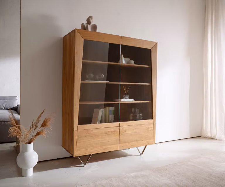 DELIFE Kayu Hoge kast met 2 glazen deuren, Acacia, Bruin, B: 115 cm, H: 150 cm