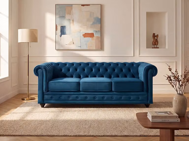 Vente-unique Driezitsbank Chesterfield in petrol velours met afneembare hoezen