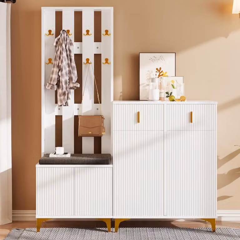 Wit entree meubel met gouden accenten voor in de hal B/D/H: 60.5 x 35.2 x 180.5 cm