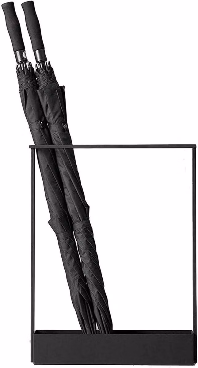 Zwarte metalen paraplustandaard met beweegbare druppelbak - B/D/H: 42 x 10 x 58 cm
