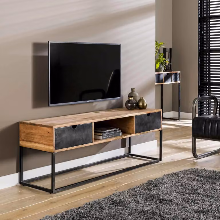 WoonStijl TV-meubel Metal Catch 2L - Industrieel Acaciahout en Metaal - Bruin - B: 140 cm, D: 40 cm, H: 50 cm