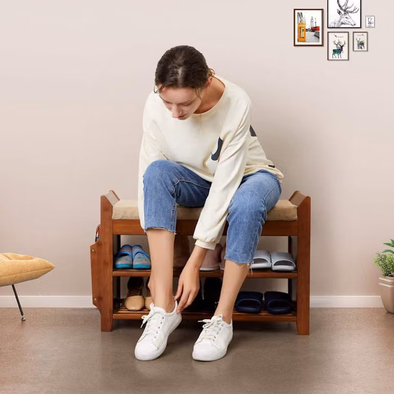 Schoenenbank met zitkussen en opbergvak voor paraplu's en lade, houten schoenenrek voor 6 paar schoenen, Breedte: 78,5 cm