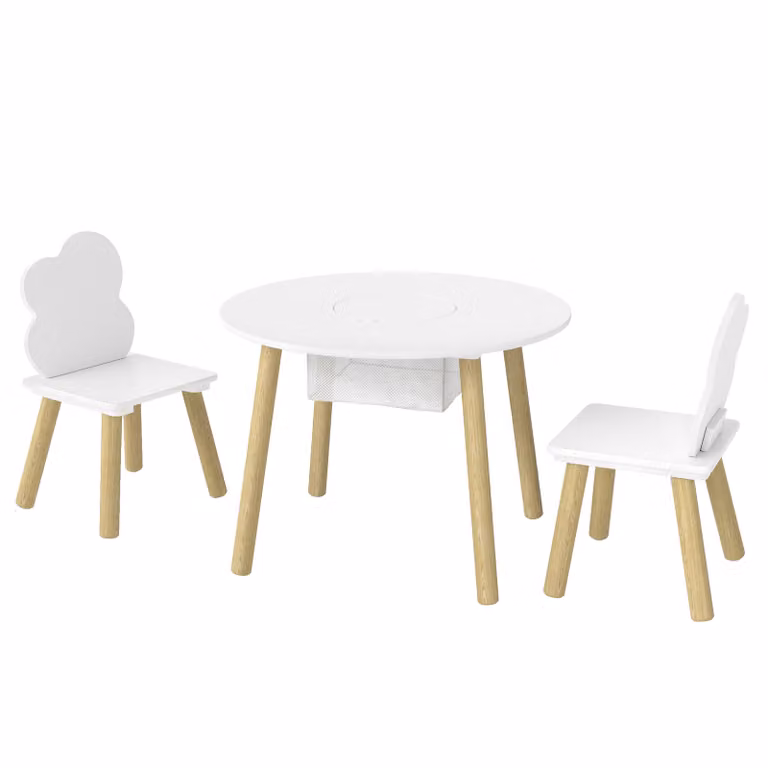 AIYAPLAY Kindermeubelset met tafel, stoelen en opbergruimte - Wit en Natuur