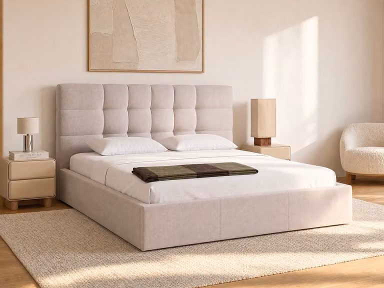ELIAVA Bed met opbergruimte en matras, Beige/Wit, 200 x 200 cm