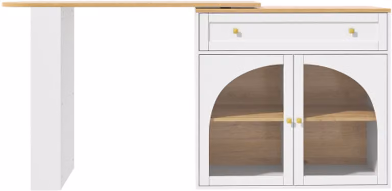Uitschuifbare witte bartafel met opbergruimte en 360 graden draaibare eettafel, verrijdbare hoge keukentafel met dressoirkast en glas, B/D/H: 138-204 x 39 x 104 cm