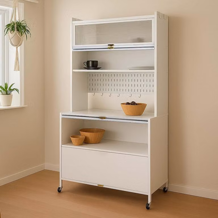 Keukenkast op wielen met glazen schuifdeuren en metalen frame, Wit