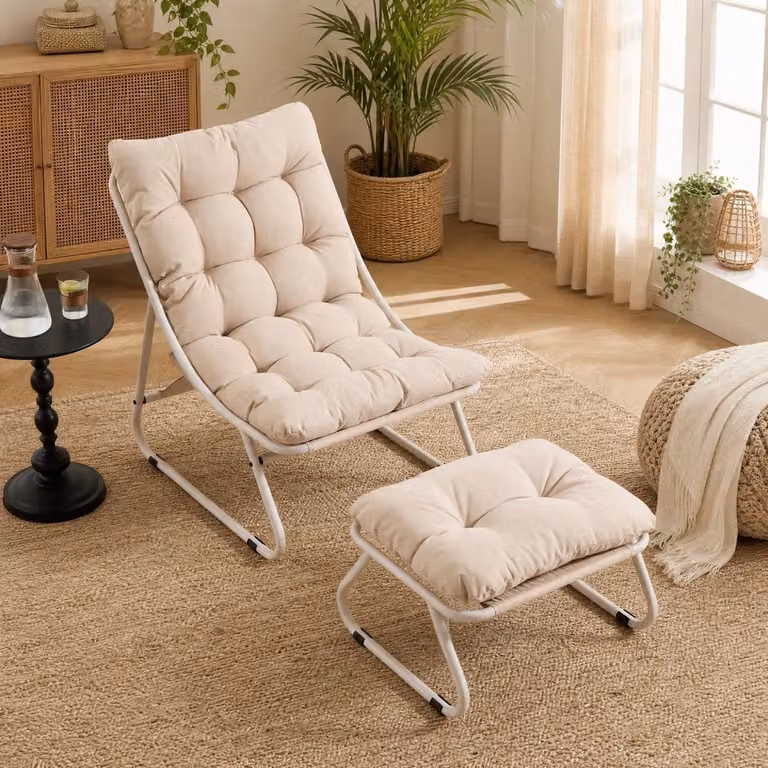 COVREO Loungefauteuil beige met metalen frame, hocker en kussen, B/D/H: 65 x 78 x 86 cm