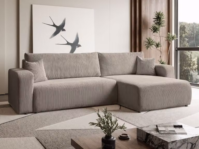 MargaretHadas24 Sofia L-vormige hoekbank met slaapfunctie en opbergruimte, beige corduroy stof, 277 x 143 cm
