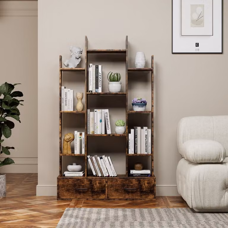 Industriële Boekenkast met 2 Lades in Rustiek Bruin van Hout en Metaal, B: 86 cm, D: 25 cm, H: 140,5 cm