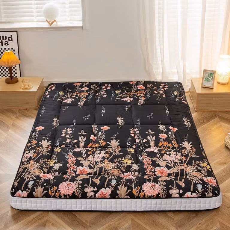 Futon Matras Topper met Zwarte Bloemen, Extra Dik, 200 x 150 cm