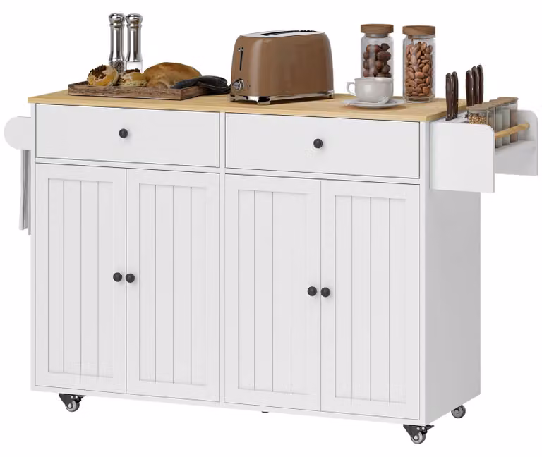 HOMCOM Mobiele keukentrolley met kruidenrek en handdoekhouder, B: 120 cm, H: 89 cm, D: 43 cm