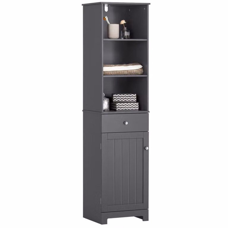 SoBuy BZR17-DG Badkamerkast met 3 open vakken, 1 lade en 1 deur, donkergrijs, B: 40 cm, H: 161 cm, D: 35 cm