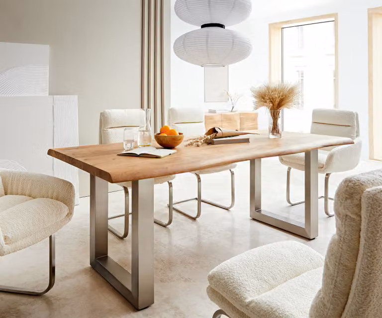DELIFE Eettafel Edge Live-Edge Acacia Hout en Metaal, Bruin/Zilver, B/D/H: 180 x 90 x 76,5 cm