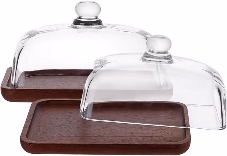 Ronde taartstandaard van glas met houten basis voor desserts, kaas en snoep, B: 17,5 cm, D: 12 cm, H: 10 cm