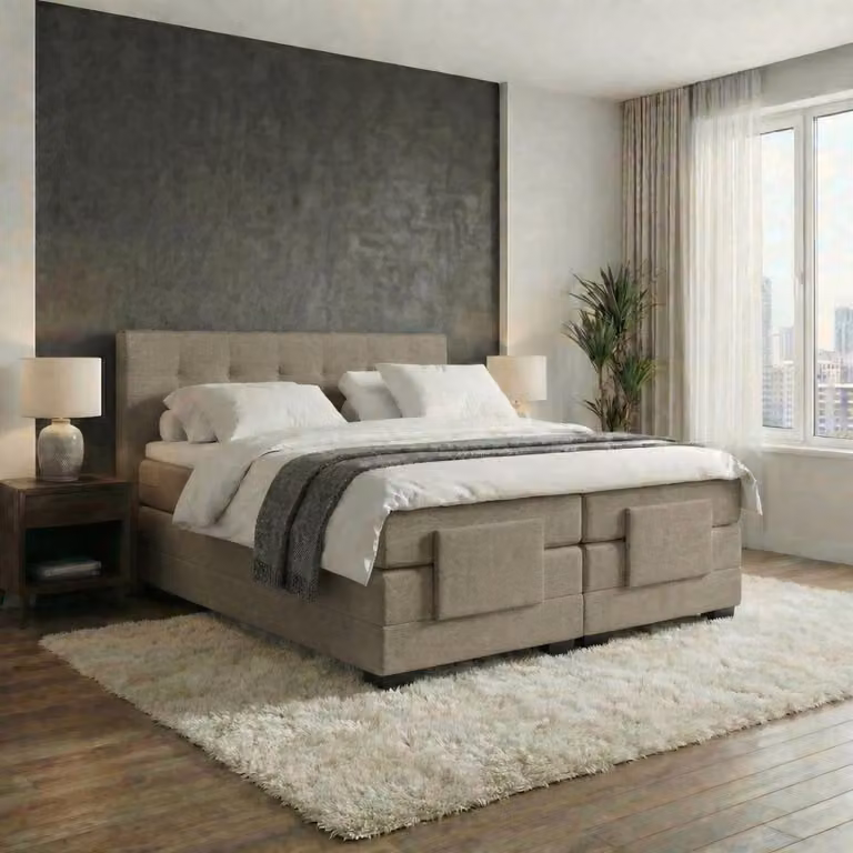 Mörgenn Elektrische Boxspring LUXA met Luxe Splittopper en Pocketvering, Taupe, 140 x 200 cm