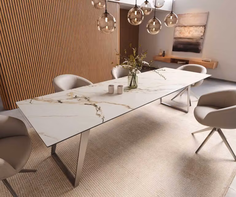 DELIFE Eetkamertafel Edge Keramiek Calacatta Luxe Wit-goud-grijs met RVS onderstel B: 300 cm, D: 100 cm
