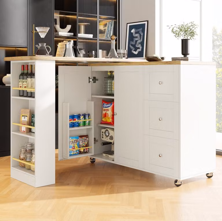 DESMIU Keukenkast met 3 lades en wielen, 360 graden draaibaar, Wit, B/D/H: 135-203 x 39 x 106 cm