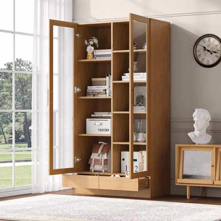 OKWISH Vitrinekast met gehard glas en push-to-open lades, MDF Naturel Hout, B: 80 cm, D: 40 cm, H: 160 cm