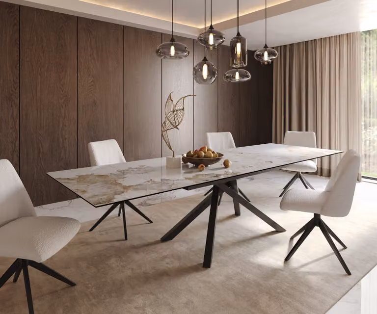 DELIFE Eetkamertafel Edge Keramiek Minas Melange Wit-Beige Zwart met Kruisframe en Telescopisch Uitschuifbaar Mechanisme B/D/H: 200 x 100 x 75 cm tot 300 x 100 x 75 cm