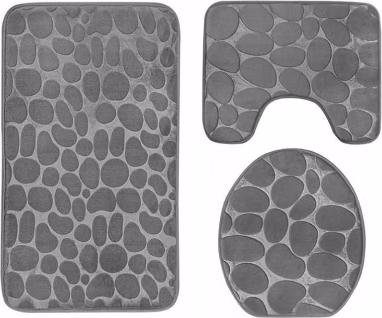 Homely Antislip Badkamermatten Set 3-Delig – Grijze 3D Stone Look Polyester Badmat & WC-Mat Set Met Veilige Grip