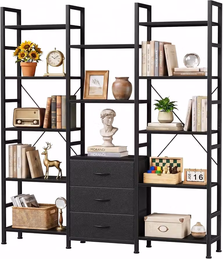 Boekenkast met 5 planken en 3 stoffen lades, Zwart, Modern Design, B/D/H: 120 x 40 x 168 cm