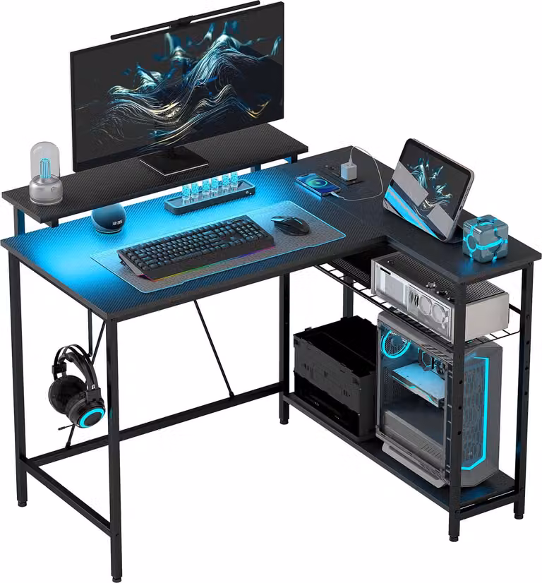 HOMCOM L-vormig bureau met LED-verlichting, stopcontacten, USB-poorten en monitorstandaard