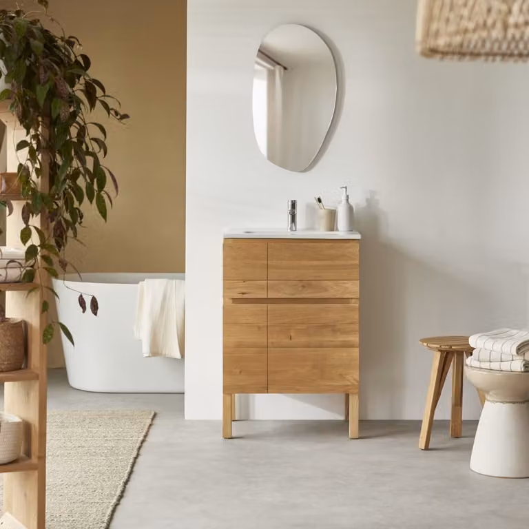 Tikamoon Easy badkamermeubel van massief eikenhout en keramiek, Bruin, Breedte: 60 cm, Diepte: 45 cm, Hoogte: 90 cm
