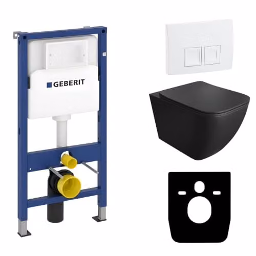 Geberit Duofix Basic voorwandelement met Onil wand-diepspoelbak en Delta 25 bedieningspaneel, zwart, inclusief toiletbril en randloos toilet, complete set