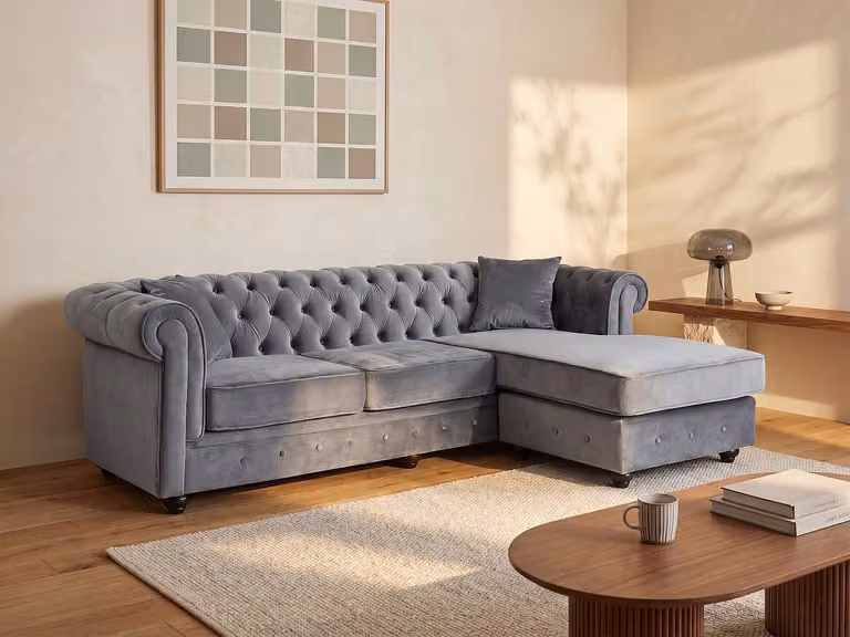 Vente-unique Omkeerbare Chesterfield-hoekbank Toledo van Fluweel - Antraciet - B/D/H: 228 x 163 x 72 cm