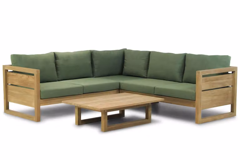 Garden Collections Richmond/Manchester moderne hoek loungeset van teak met groene kussens, 120 cm