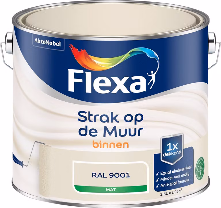 Flexa Strak Op De Muur Binnen Mat - Crème Wit / RAL 9001 - 2,5 l