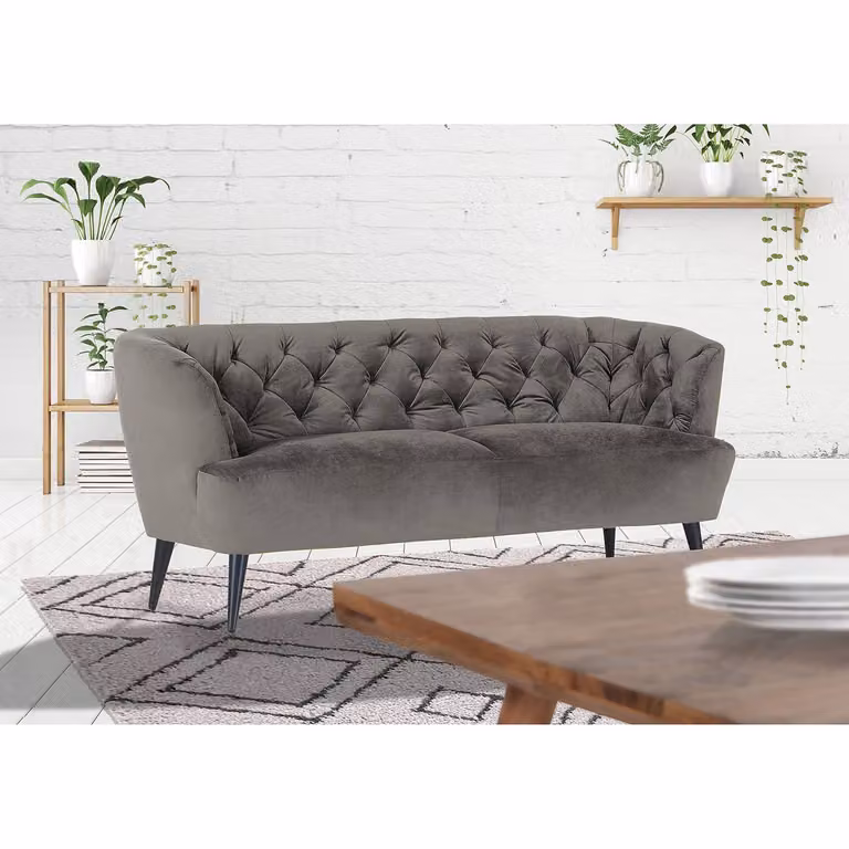 home24 Keukenbank Burdett, moderne grijze fluwelen bank met zwarte poten, Breedte: 170 cm