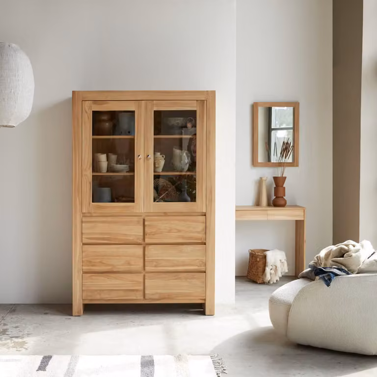 Tikamoon Eden Servieskast van Massief Teak - Bruin/Beige - B: 120 cm, D: 40 cm, H: 190 cm
