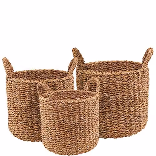 Boltze Mand Sophy 3-delig zeegras beige en bruin met handgrepen Ø 40 cm