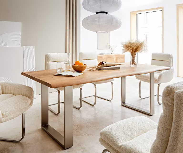 DELIFE Eettafel Edge van acacia hout en roestvrij staal, Live-Edge, Bruin/Zilver, B: 200 cm, D: 100 cm, H: 74,5 cm